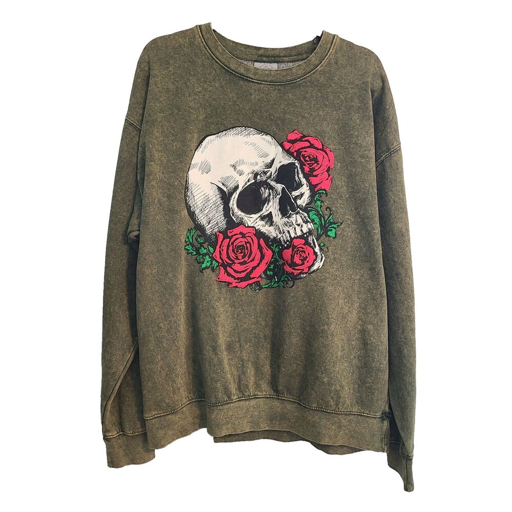 US Vintage Skull Roses Sweatshirt Olive Green Mineral Wash Oversized Gothic L